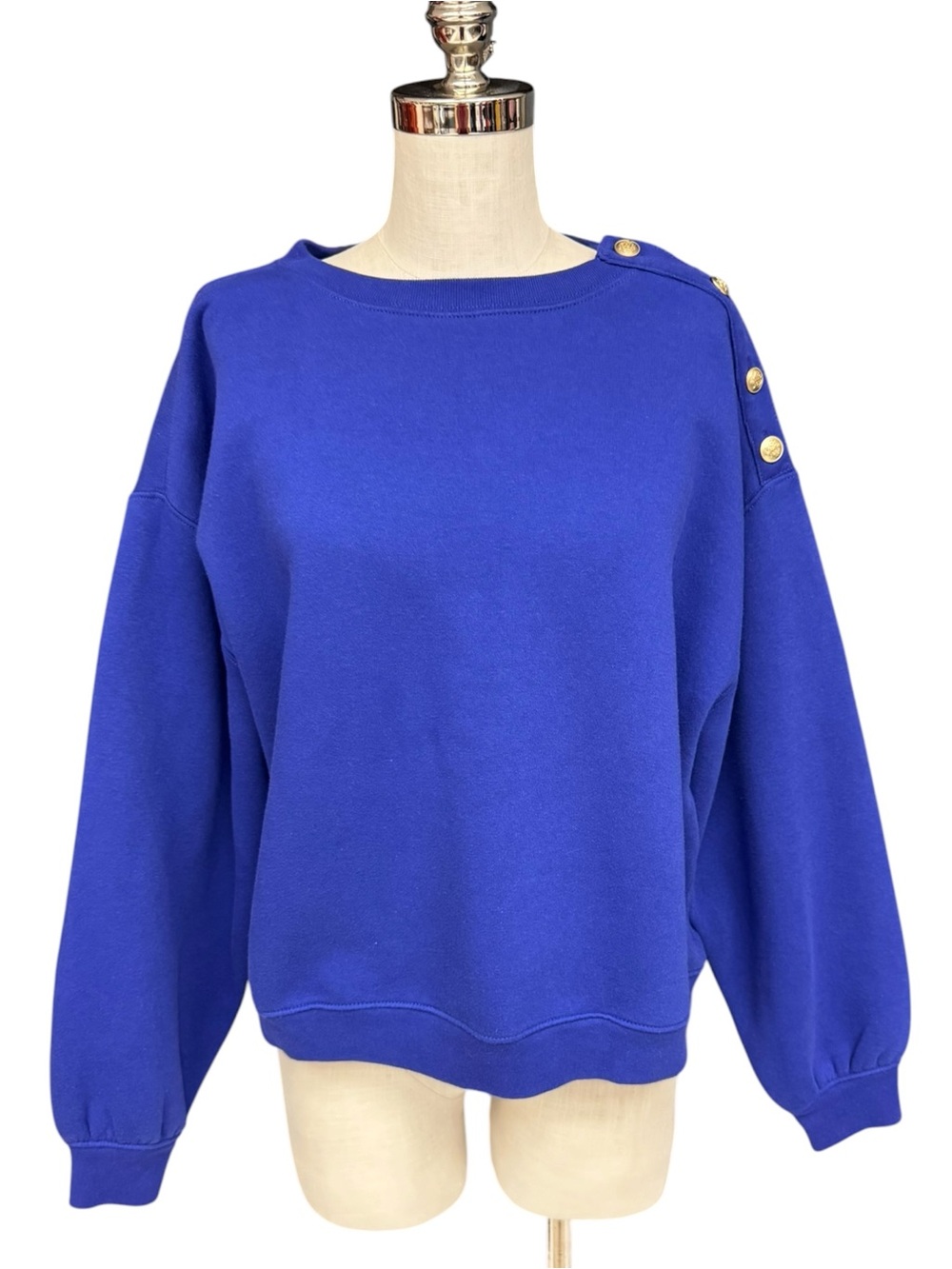 J.Crew Blue Button Shoulder Sweatshirt Pullover Fleece Crewneck Size Large